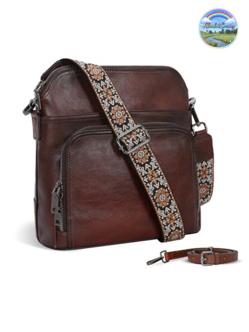 Vintage Cowhide Leather Crossbody Bag with Built-in Wallet, Adjustable Straps